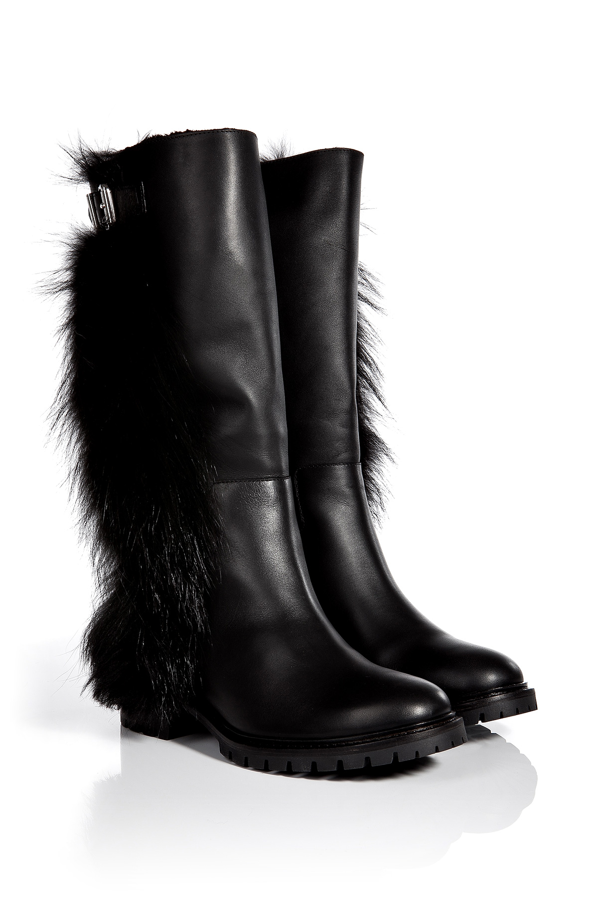 FENDI fur trimmed black leather boots