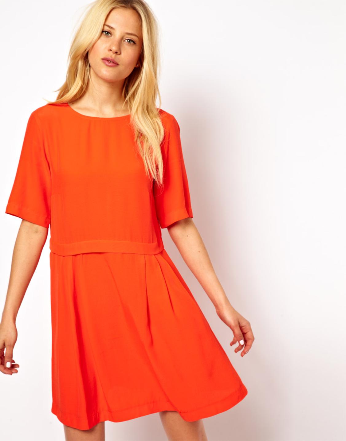 Orange ASOS Smock Dress with Pleated Skirt