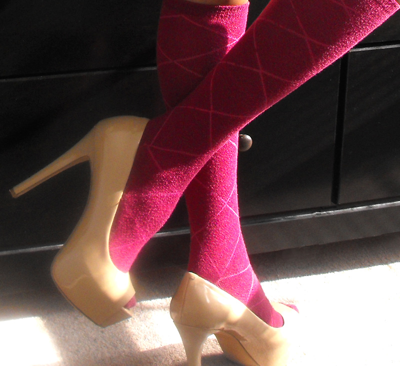 Carri patent peep toe nude Jessica Simpson pumps with knee high socks