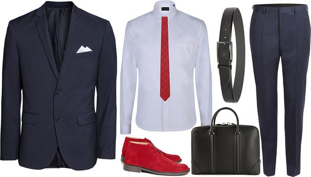 mens red boots navy blue trousers navy blue jacket light blue shirt red tie black briefcase