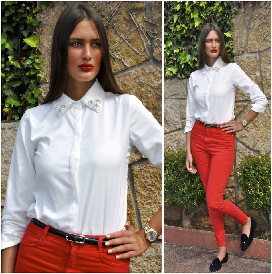 Amina Allam from the blog lookbyaminaallam shows us how to wear red skinny jeans in an outfit from May 6 2014