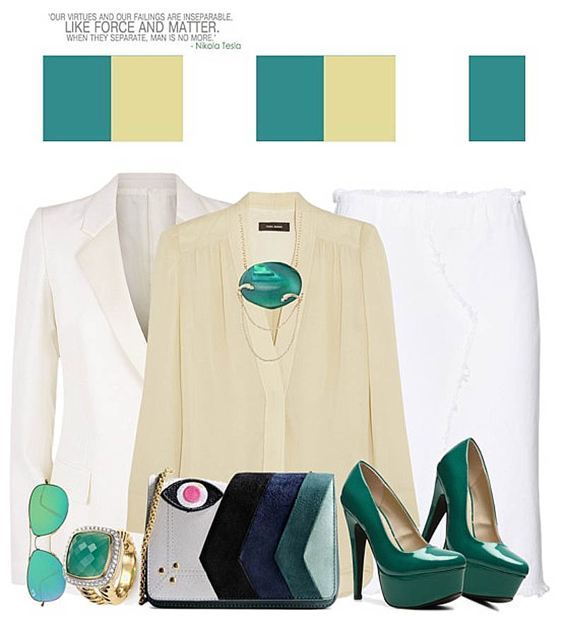 Green Qupid Penelope pumps white denim pencil skirt white blazer cream blouse outfit