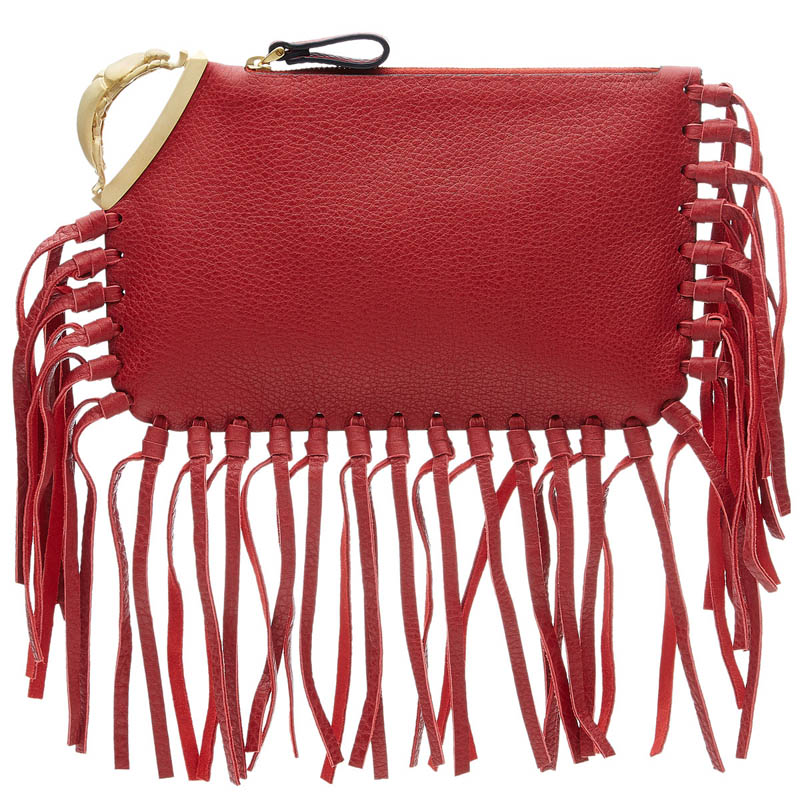 Valentino red Scarab Fringed Leather Clutch