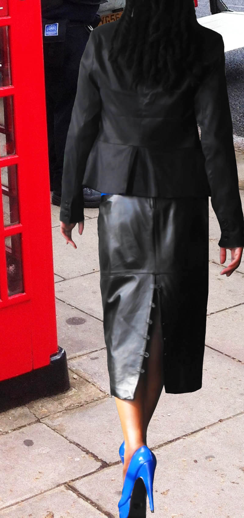 blue pumps black leather skirt London
