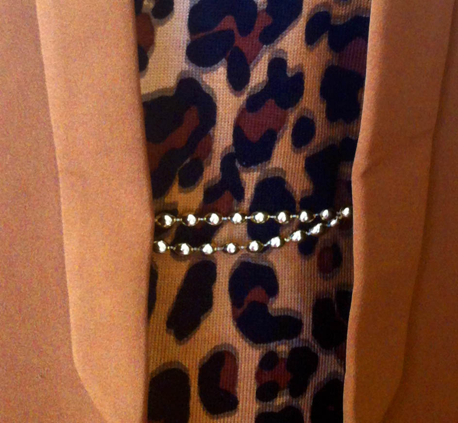 brown leopard print dress brown blazer gold bead belt