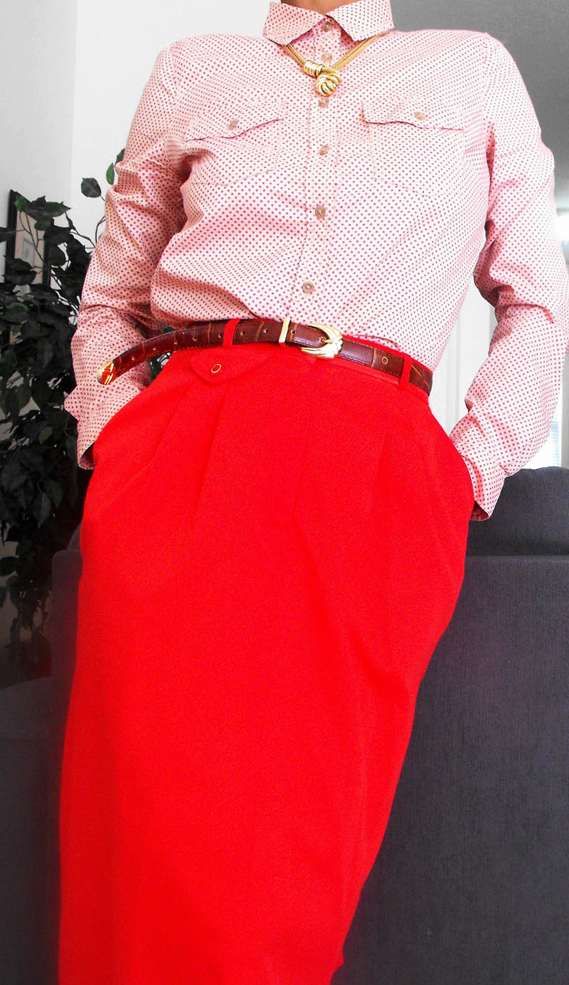 pink polka dot button collar long sleeve bloue red skirt