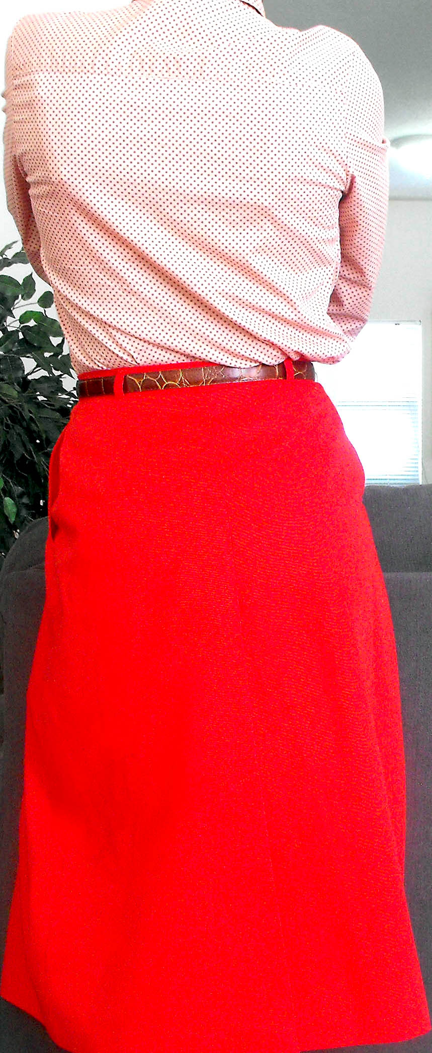 pink polka dot button collar long sleeve bloue red skirt 4