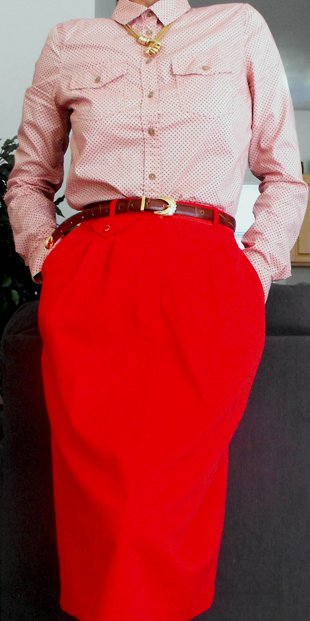 pink polka dot button collar long sleeve bloue red skirt 6