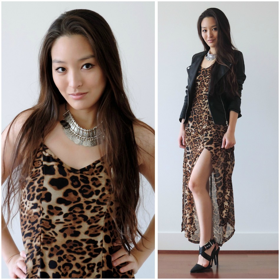 Blogger Kimberly Kong - the sensible stylista - wears black sandals with a Stylemoi maxi leopard print dress