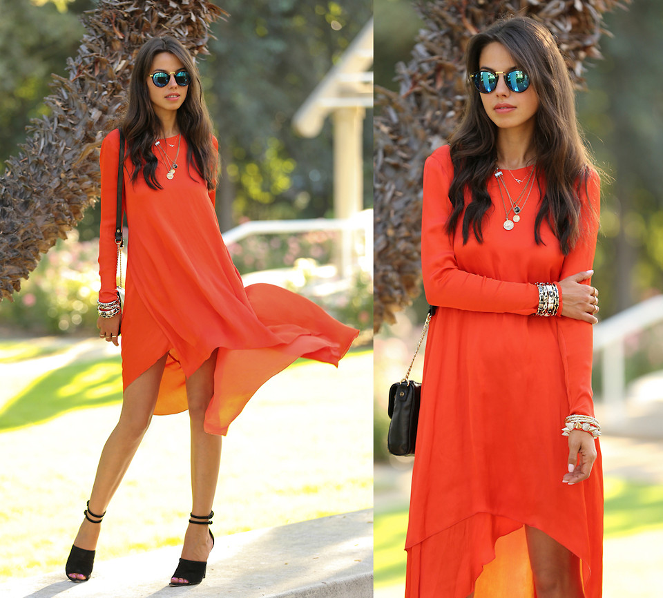 Los Angeles fashion blogger Annabelle Fleur wears black Alexander Wang heels with a red BCBG dress and Free People sunglasses