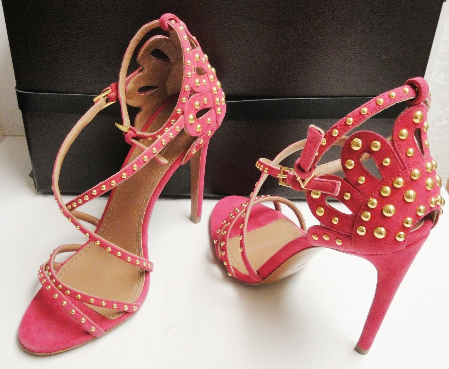 ALAIA Pink Suede Studded Strappy Open Toe Heels Sandals