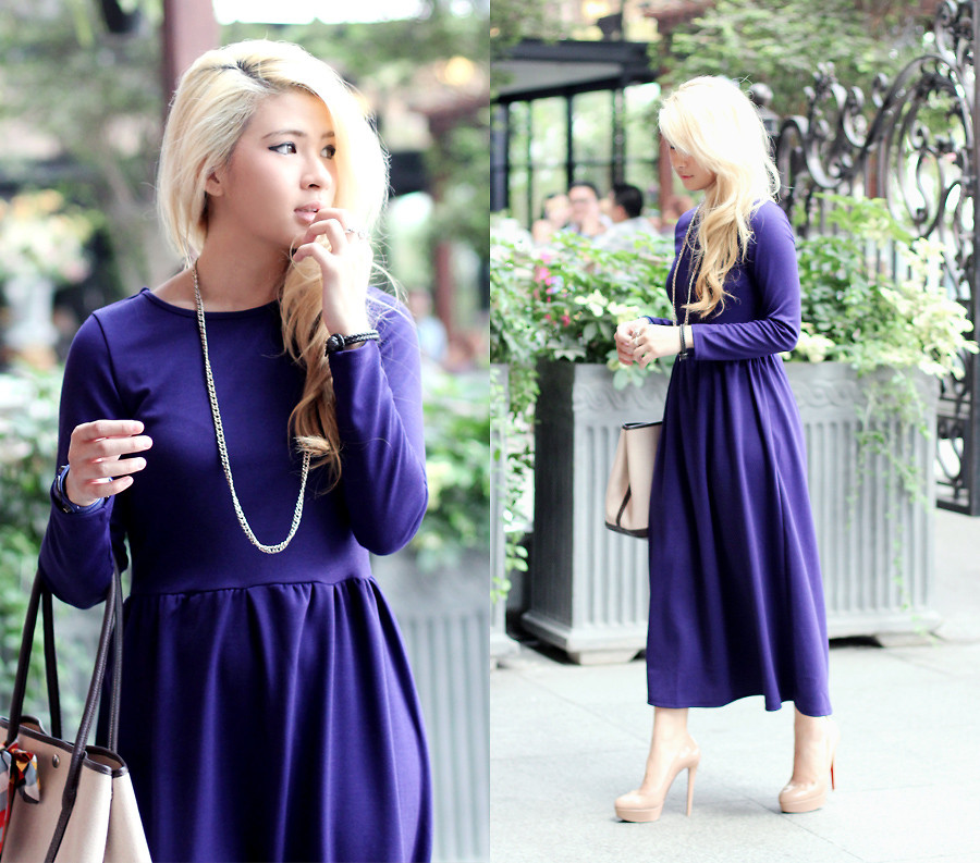 Indonesia based blogger Anastasia Siantar from the blog Brown Platform wearing a nude lip with her purple dress