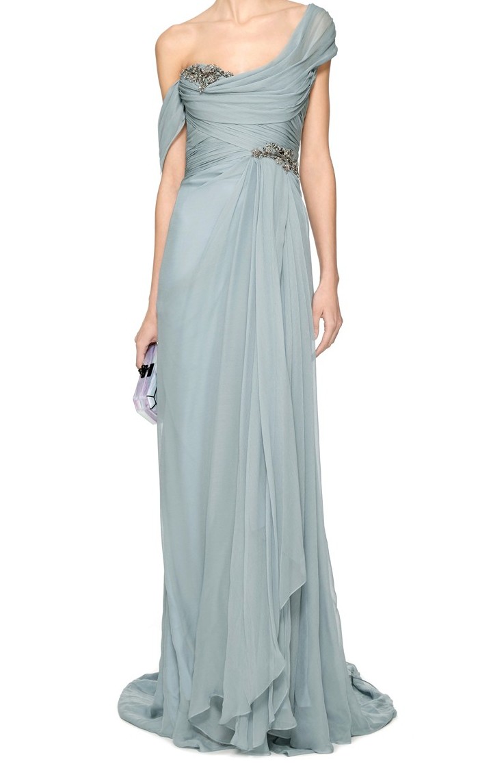 Marchesa Embroidered One-Shoulder Chiffon Gown