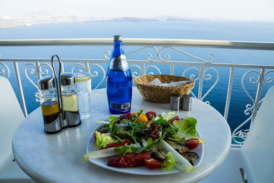 salad on table view overlooking ocean