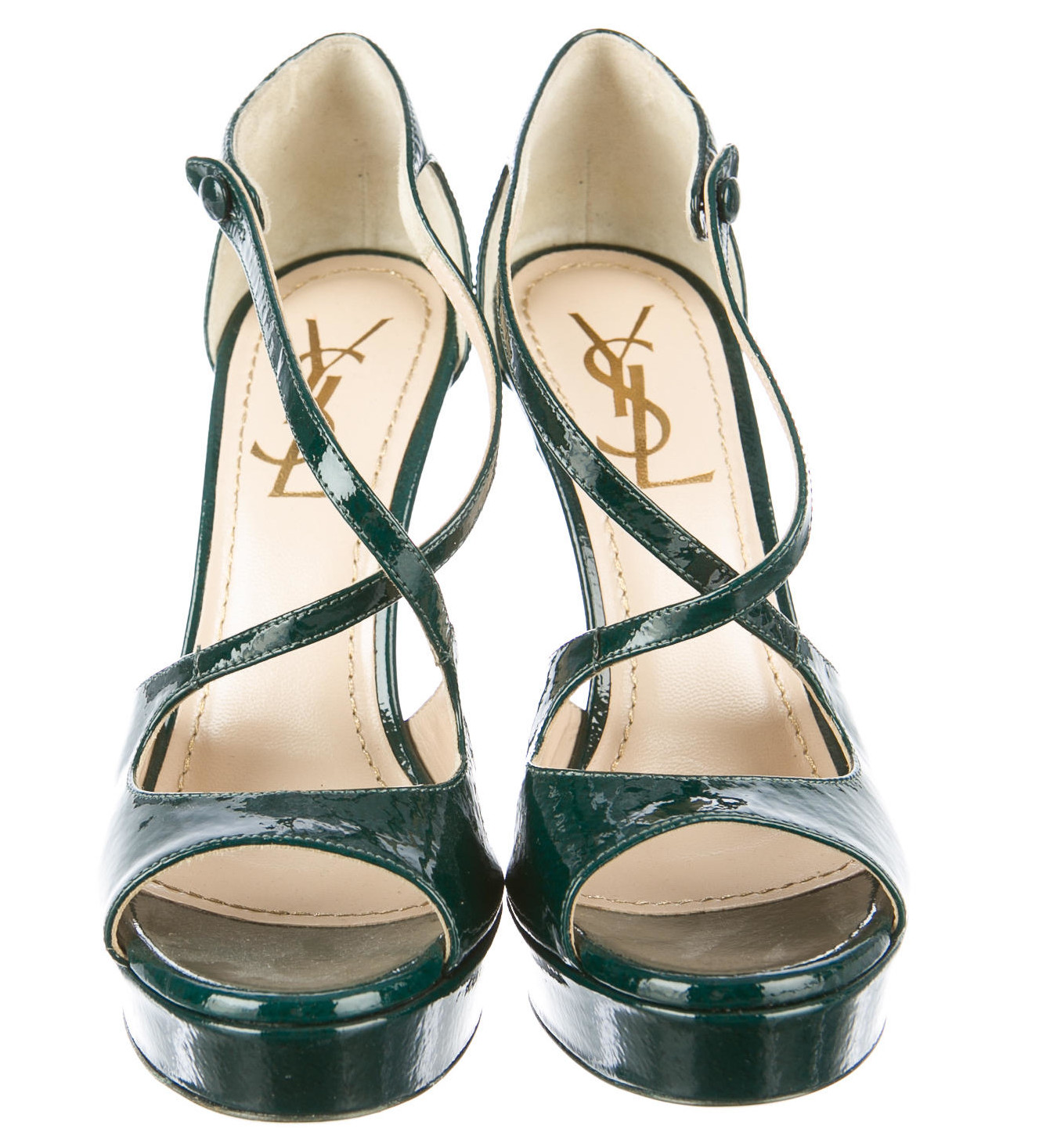 Teal green Yves Saint Laurent patent leather platform sandals