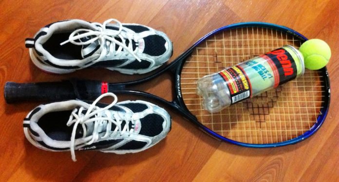 tennis racket balls sneakers