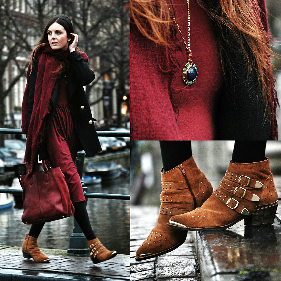 Laura Views from Barcelona Spain wears brown suede boots with a burgundy dress