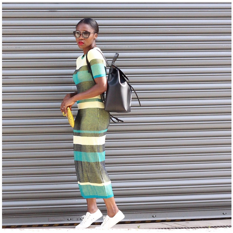 Ranti Onayemi Ranti In Review Blogspot wearing ASOS Knitted Midi Dress In Rib In Blocked Stripe