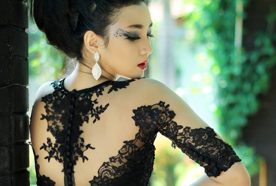 beautiful woman black see through lace dress