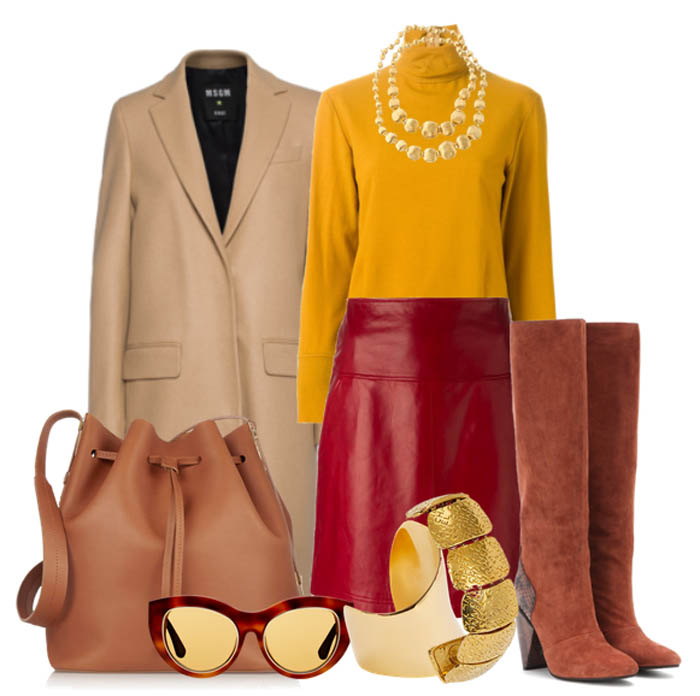 yellow top red skirt outfit idea