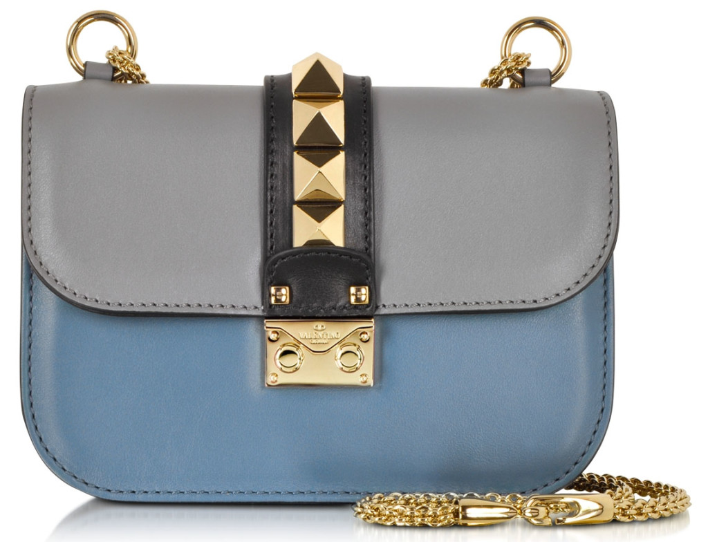 Valentino Small Pebble Gray Avion Blue and Black Leather Shoulder Bag