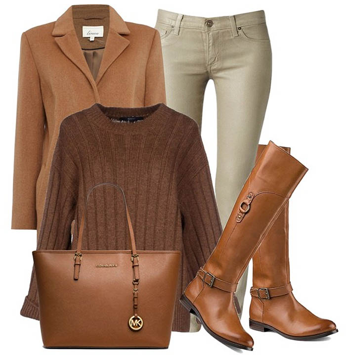 brown tory burch knee high boots brown sweater khaki brown skinny jeans brown leather bag brown coat