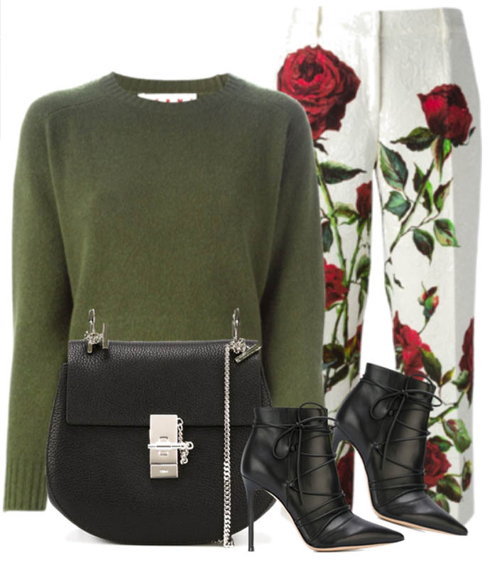 green Marni sweater white dolce gabbana rose print trousers chloe drew leather bag black leather ankle boots