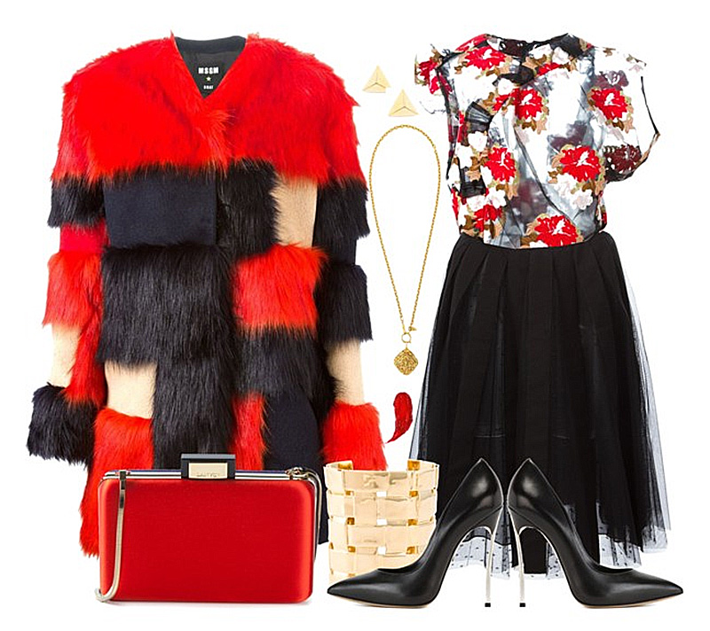 RED Valentino black tulle skirt Simone Rocha flower embroidered tulle top Casadei black pumps Lanvin red clutch MSGM faux fur coat
