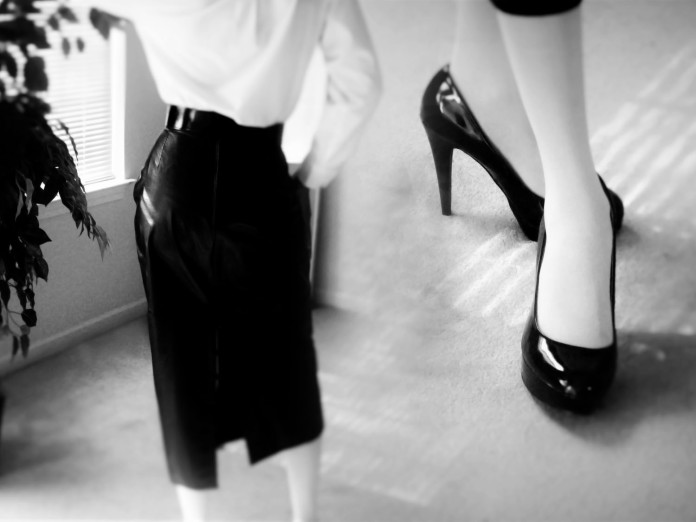 white opague stockings tights black high heel pumps black leather skirt white blouse