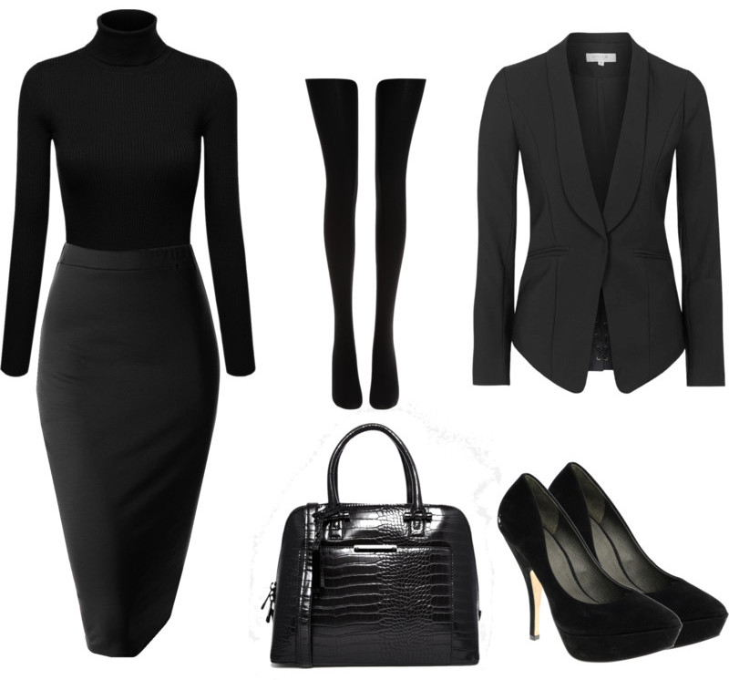 Affordable outfit idea for wearing all black to work on a monday morning black pencil skirt turtleneck pumps blazer