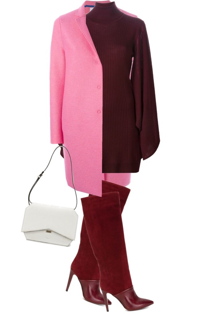 Burgundy dress pink coat burgundy boots white bag