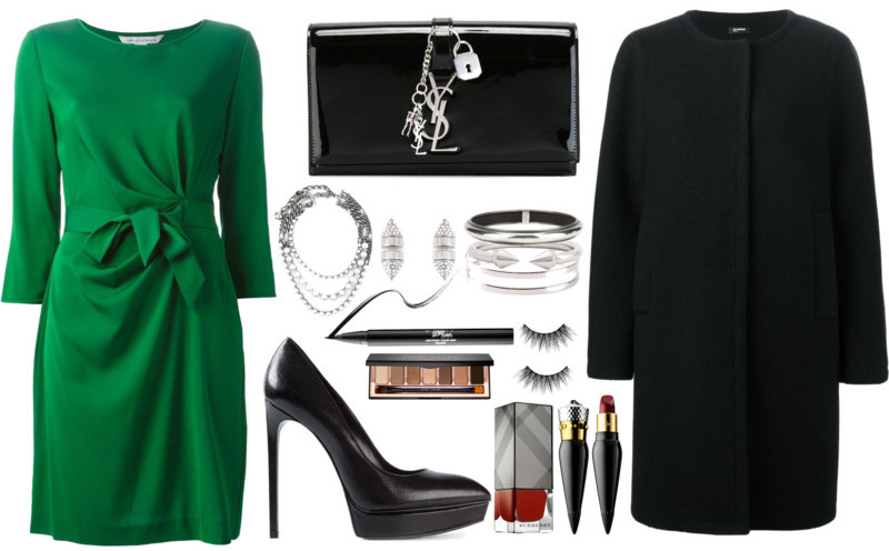 Green and black outfit idea wearing green dress black coat