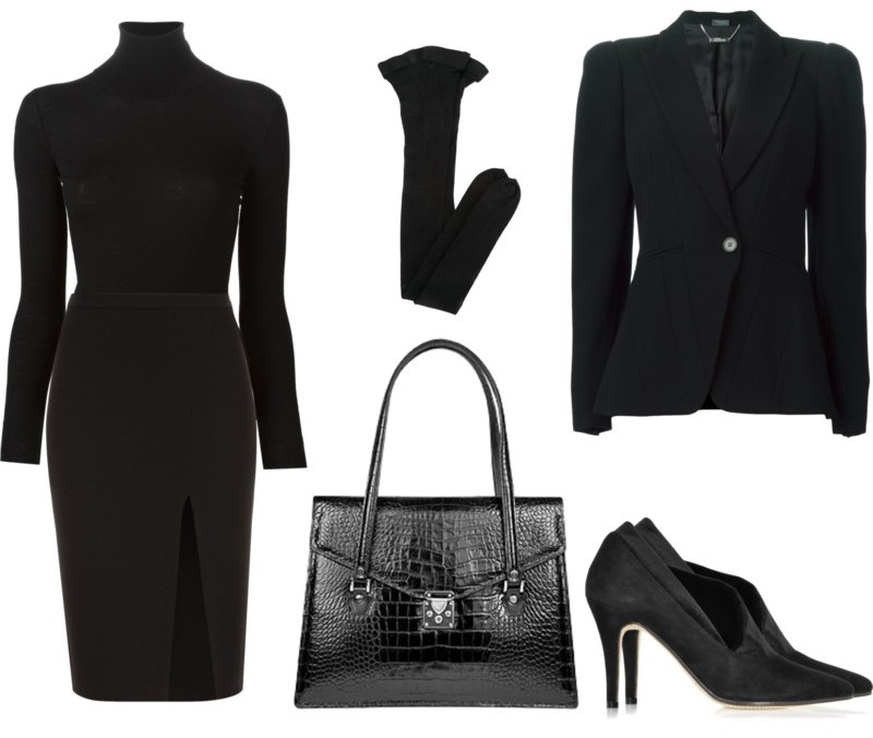 Outfit idea for wearing all black to work on a monday morning black pencil skirt turtleneck pumps blazer