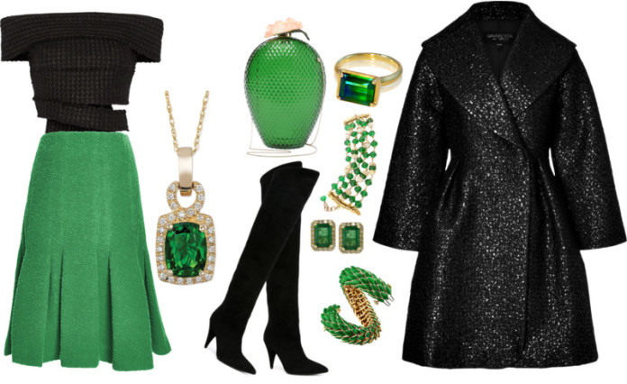 Proeza Schouler black off the shoulder tweed top green Thakoon boucle wool flared hem skirt green and black outfit idea