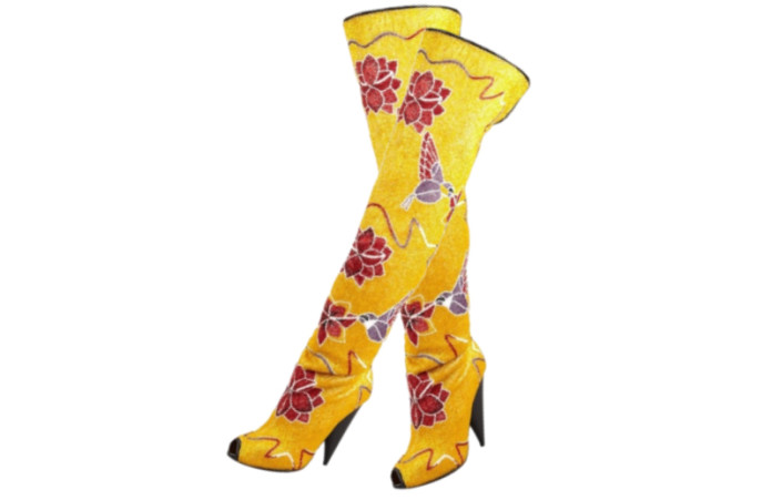 Tom Ford Hummingbird and Floral Fully Embroidered Over-the-Knee Boot Floral and hummingbird beaded upper with calfskin trim