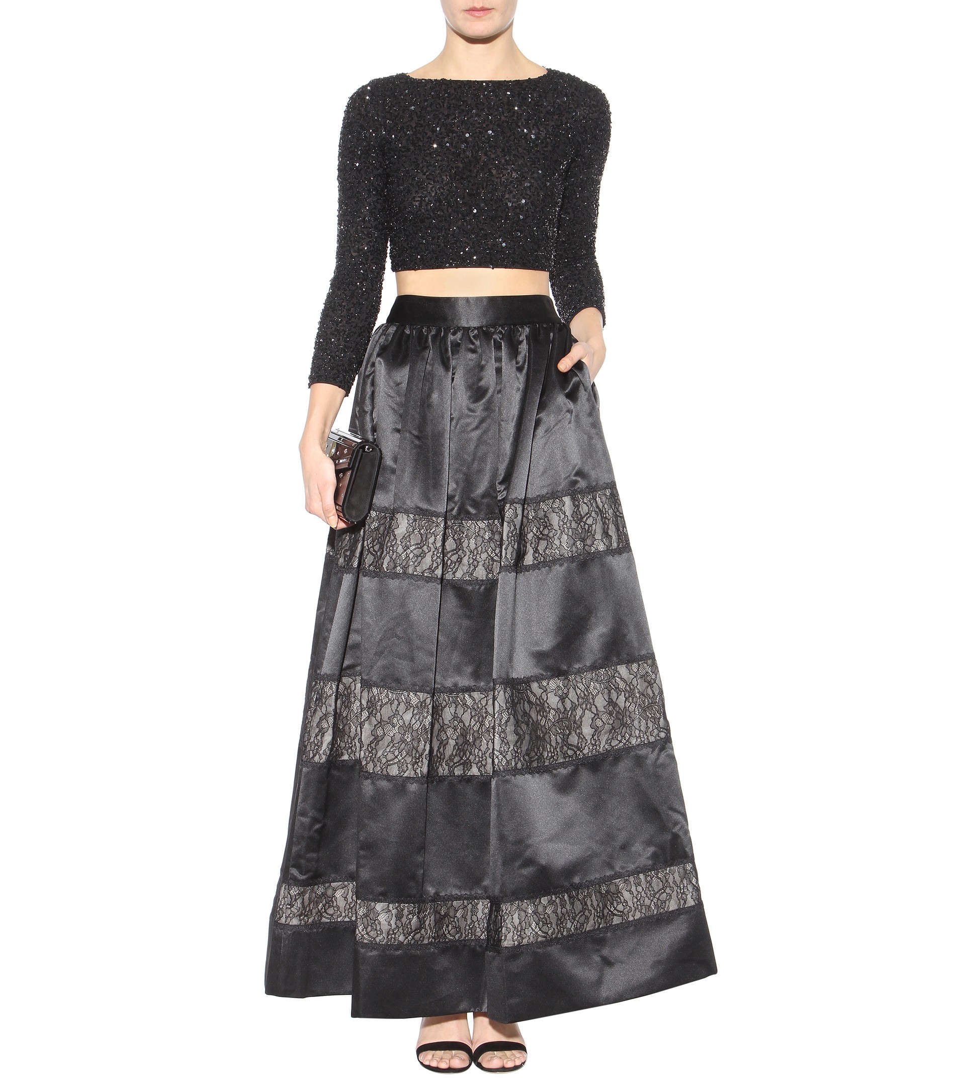 black sequins top - Alice plus Olivia Lacey black glittering beads and sequins embellished cropped top with Alice Olivia maxi satin lace skirt