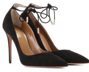 Aquazzura Allure 105 suede pumps with pointed toe stiletto heel and ankle tie laces 695 dollars