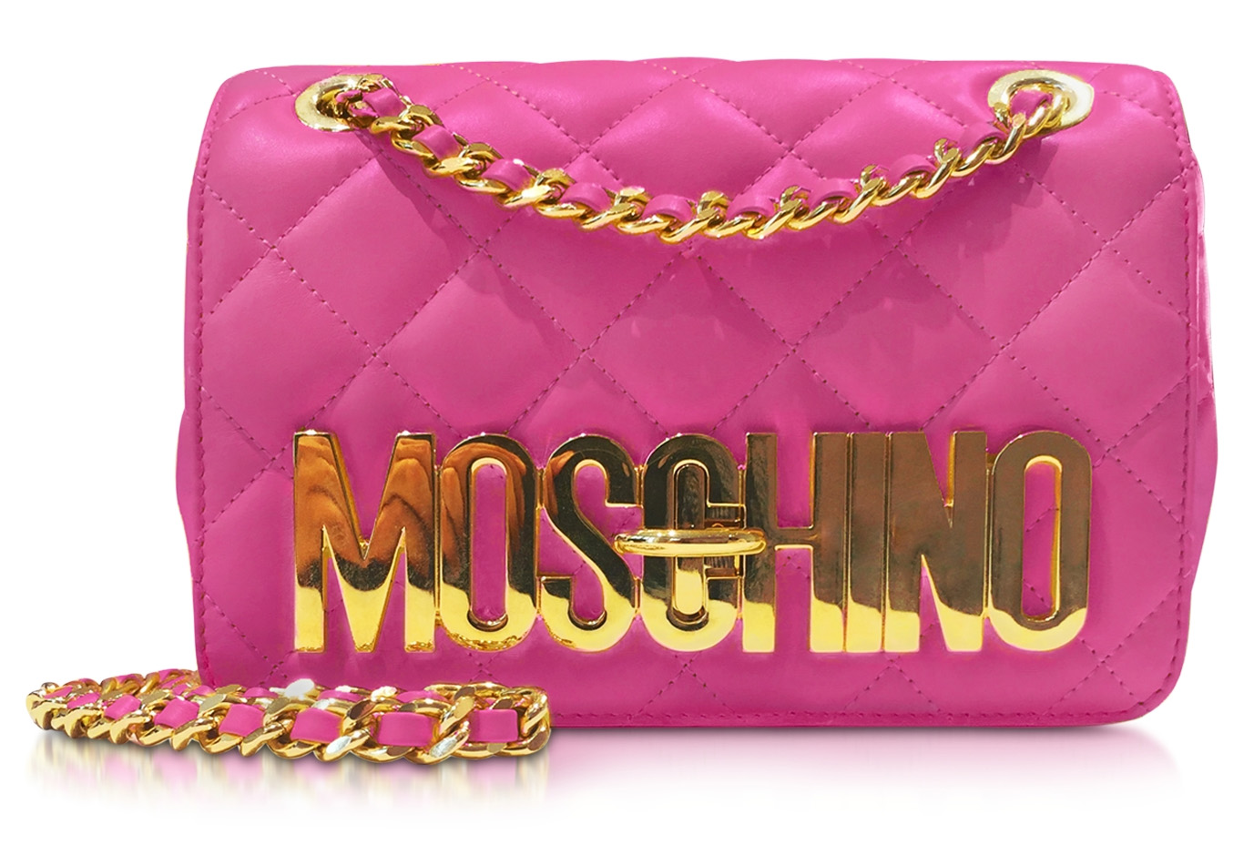 Designer handbags - Moschino Quilted Nappa Leather Golden Logo Shoulder Bag with Chain