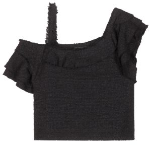 Proenza Schouler tweed crop top with ruffled asymmetrical sleeves for a drop-shoulder look 1150 dollars