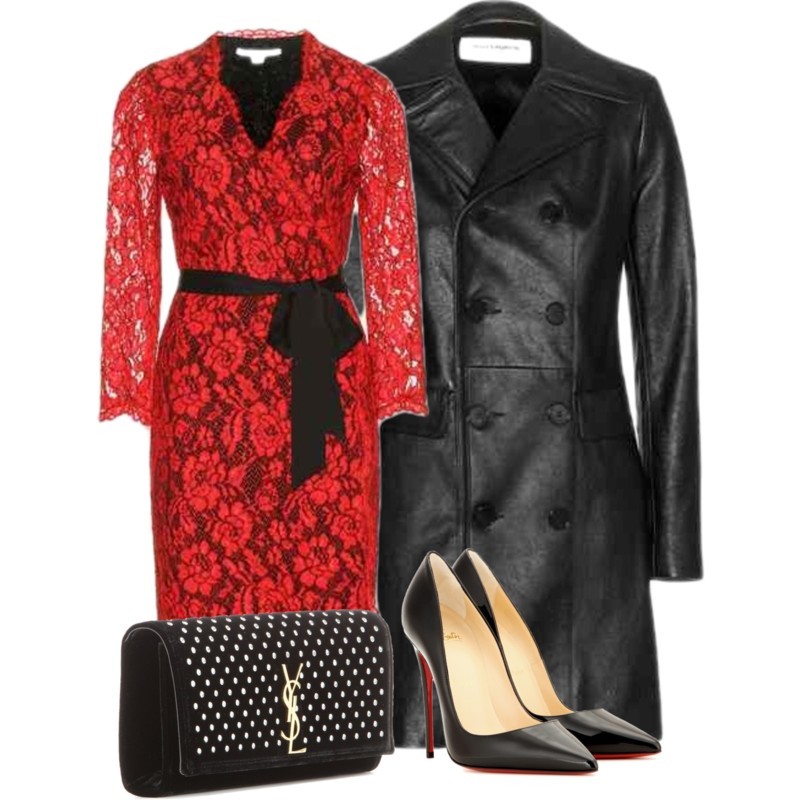 Styling your Diane von Furstenberg Julianna red lace dress with black So kate Louboutin pumps Saint Laurent leather coat clutch purse