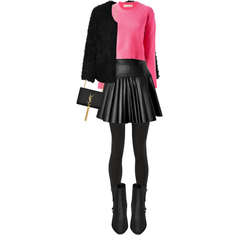 The Row black leggings black leather pleated David Koma skirt pink Marni crew neck sweater - pink and black sunday
