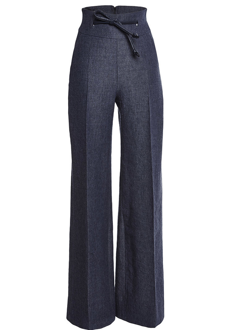 Martin Grant high waisted Linen wool pants eide legged denim trousers with leather tie embellishment