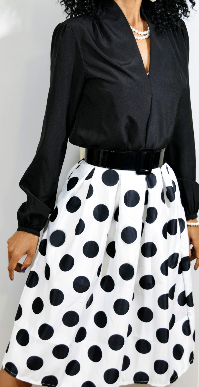 black and white polka dot skirt Michael Kors black blouse styling outfit idea