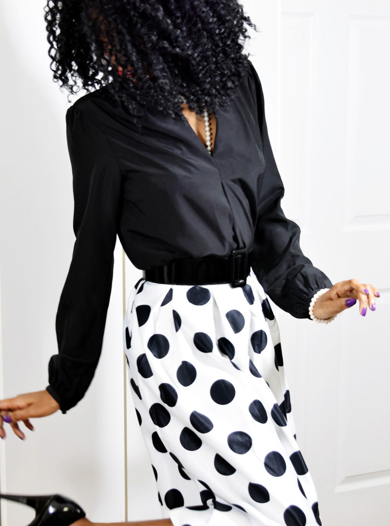 black and white polka dot skirt styling outfit idea Michael Kors black blouse