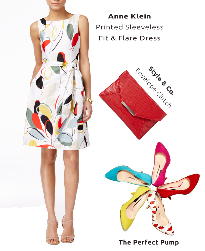 anne klein fit flare dress inc international concepts pumps style and co red envelope clutch