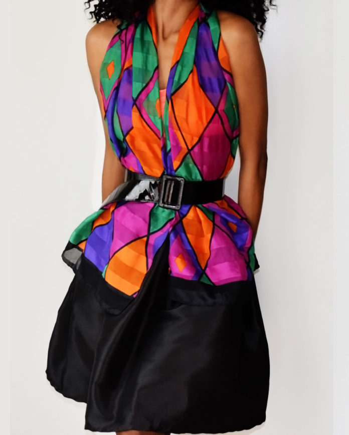 diy black pleated skirt with colorful scarf worn as top