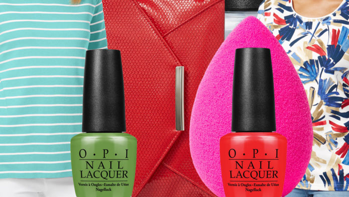 macys shopping karen scott t-shirt opi nail polish beauty blender red envelope clutch