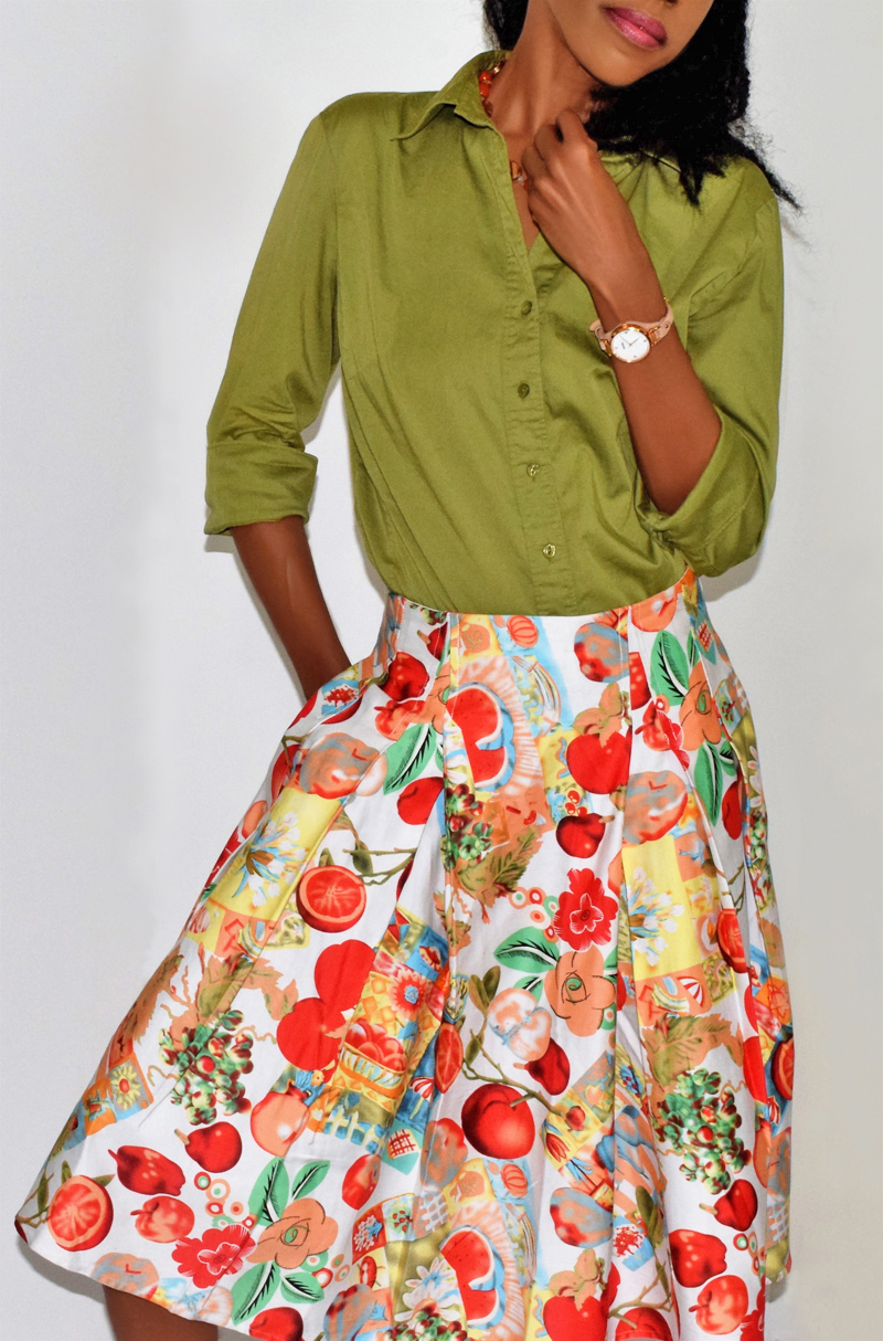 Grace Karin apples pomegranates fruits and flowers print skater skirt green button front top