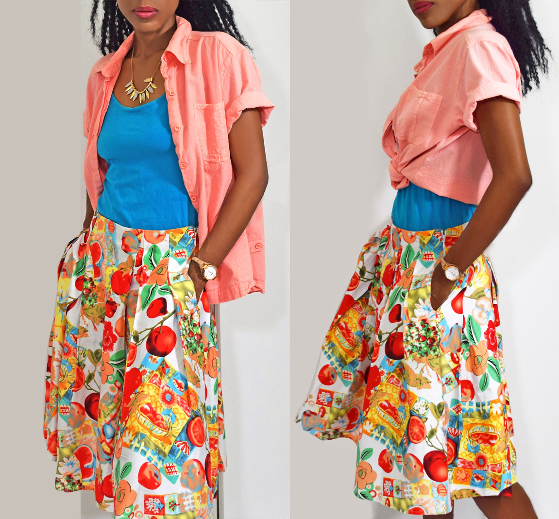 Grace Karin apples pomegranates fruits and flowers print skater skirt peach shirt over turquoise tank top
