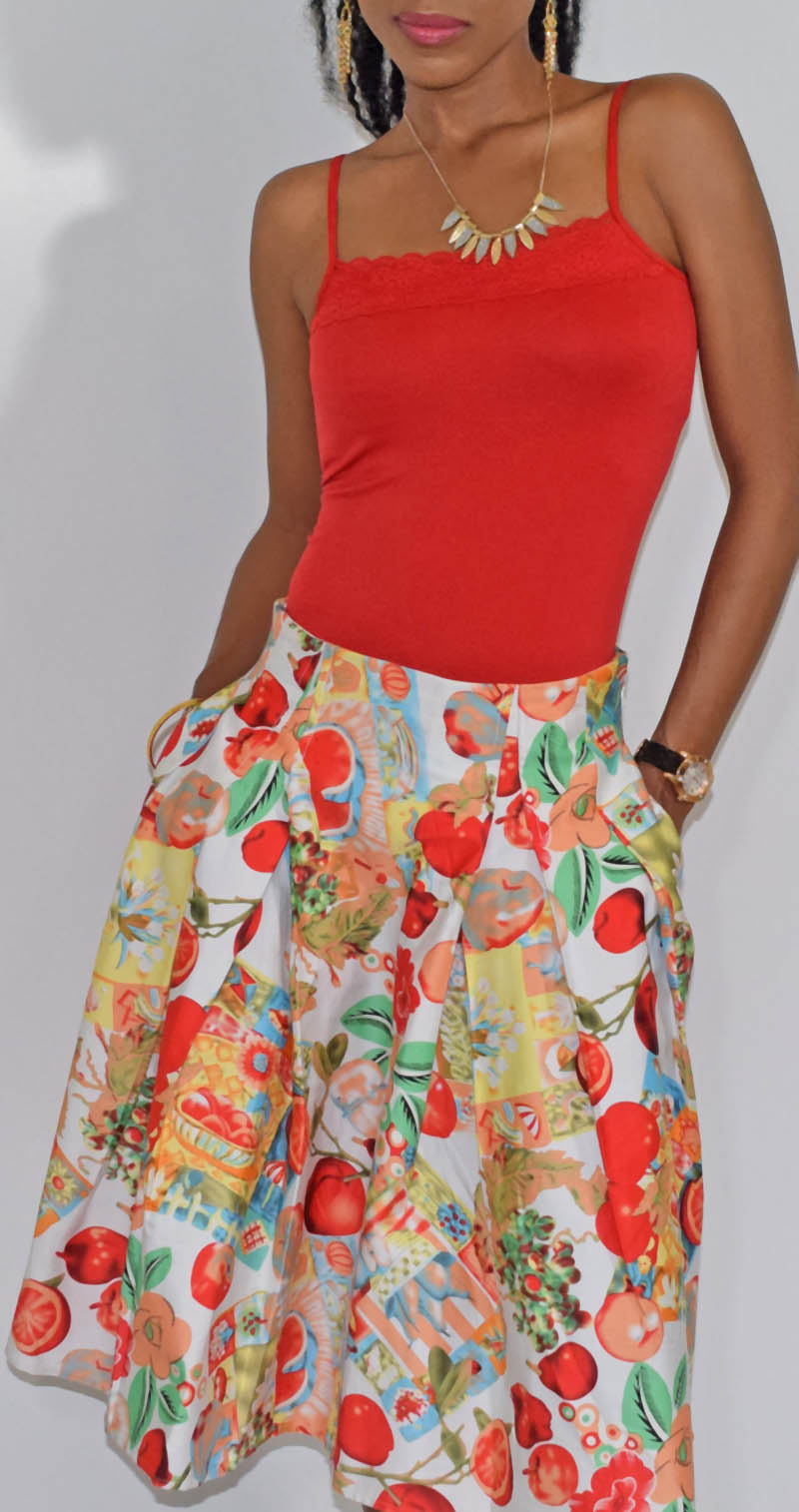 Grace Karin apples pomegranates fruits and flowers print skater skirt red lace detail tank top 2
